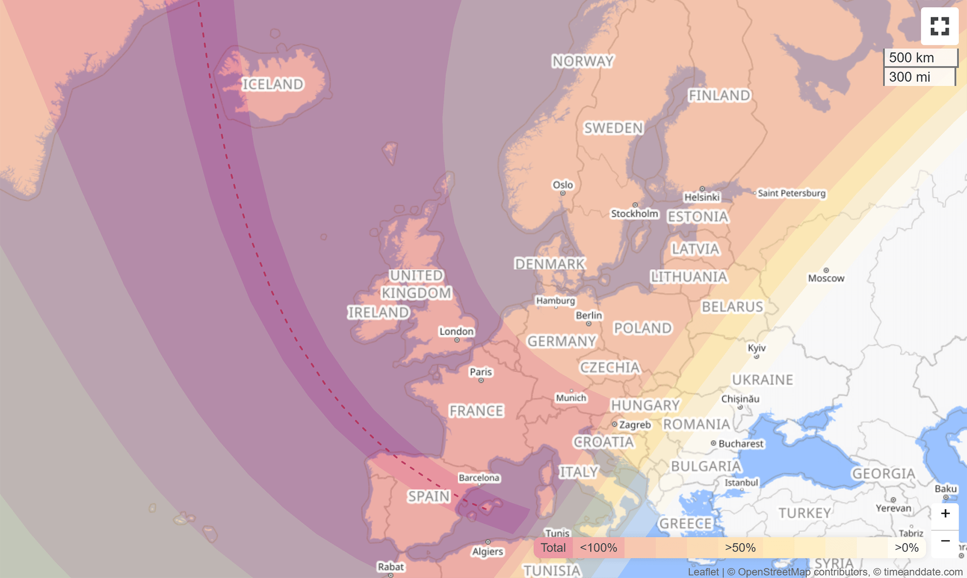 Interaktivní mapa zatmění Slunce 12. srpna 2026