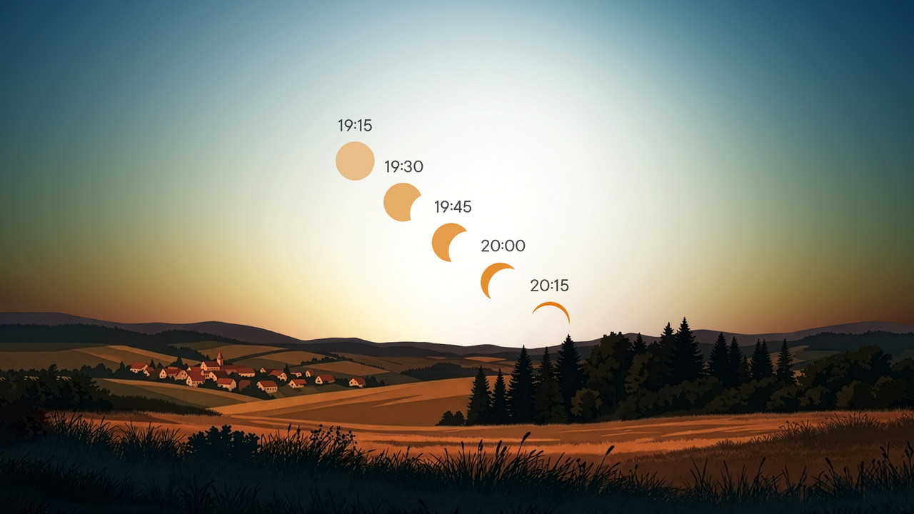 Vizualizace průběhu částečného zatmění při pohledu z ČR s časovými údaji.